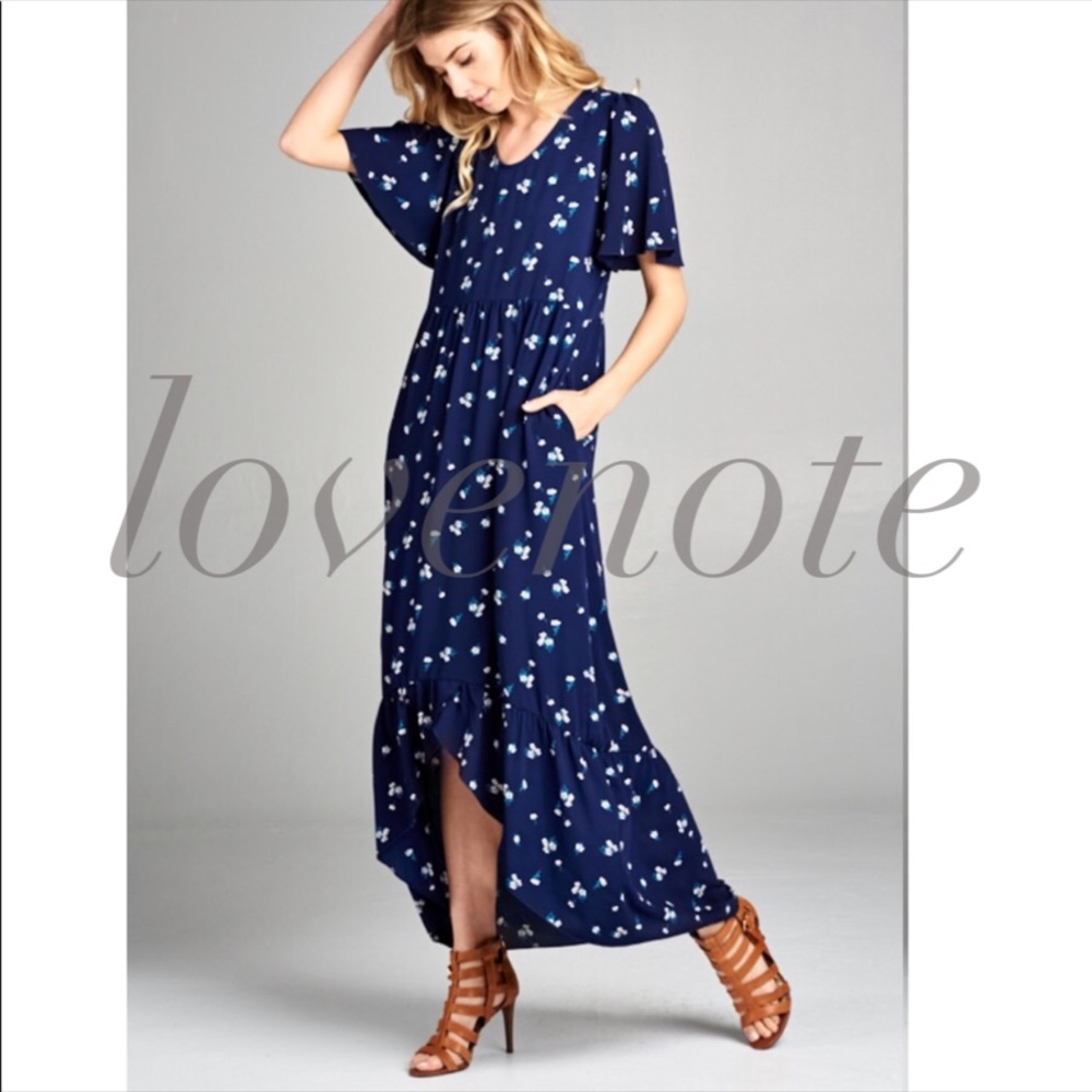 1 S • Fully Lined Short Sleeve Floral Hi Low Maxi - Picture 3 of 5